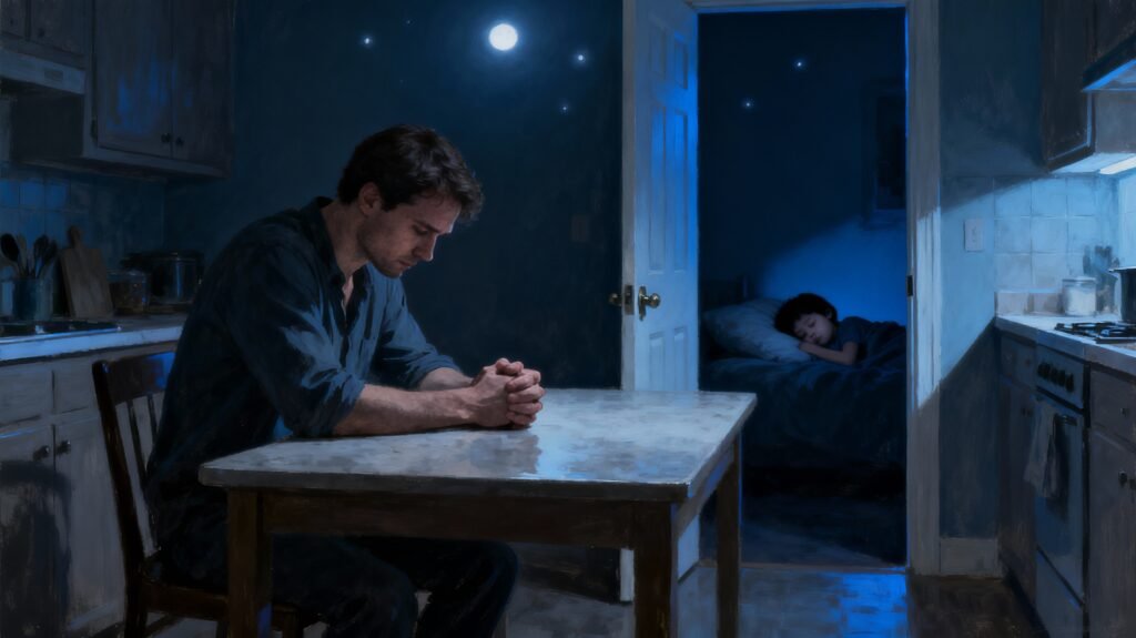 Homem sentado sozinho à mesa de madrugada, refletindo sobre perdão dos pais e paternidade.